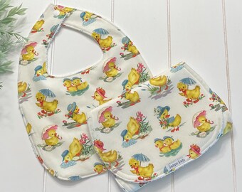 Baby Girl Vintage Style Duck Bib & Burp Cloth Set Retro Duck Baby Girl Gift