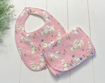 Pink Vintage Poodle Baby Girl Bib & Burp Cloth Set Retro Baby Girl Gift