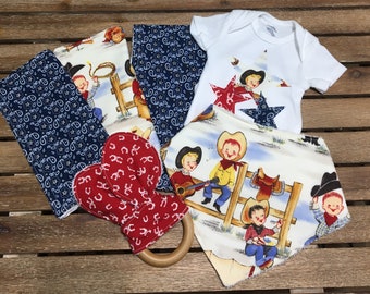 Baby Boy Cowboy Western Gift Set, Cowboy Onesie, Bib, Burp Cloth, Wash Cloths, Wooden Teether, Baby Boy Cowboy Shower Gift