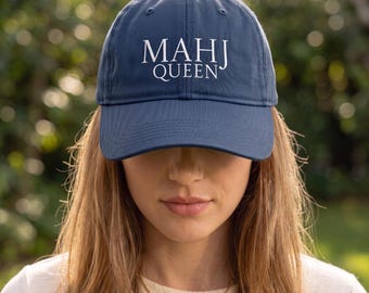 Mah Jongg Hat Embroidered | MAHJ Queen Baseball Cap | Mahjong Gift for Mom | MahJongg Washed Cotton Cap