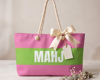 Mah Jongg Tote Bag Pink and Green | MAHJ Weekender Bag | Mahjong Gift for Mom | MahJongg Large Rope Handle Tote