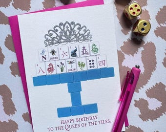 Signature Edition - MahJongg Birthday Cake with Tiara Glittered Greeting Card