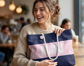 Mah Jongg Tote Bag Navy and Pink | MAHJ Weekender Bag | Mahjong Gift for Mom | MahJongg Large Rope Handle Tote