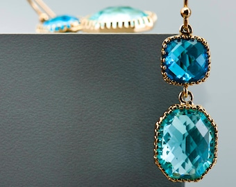 Gold Rectangle Glass Drop Earrings - Aquamarine, Wedding Jewellery, Sea Green, Capri Blue Earring, Dangle, Bridesmaid Gift, Summer Jewellery