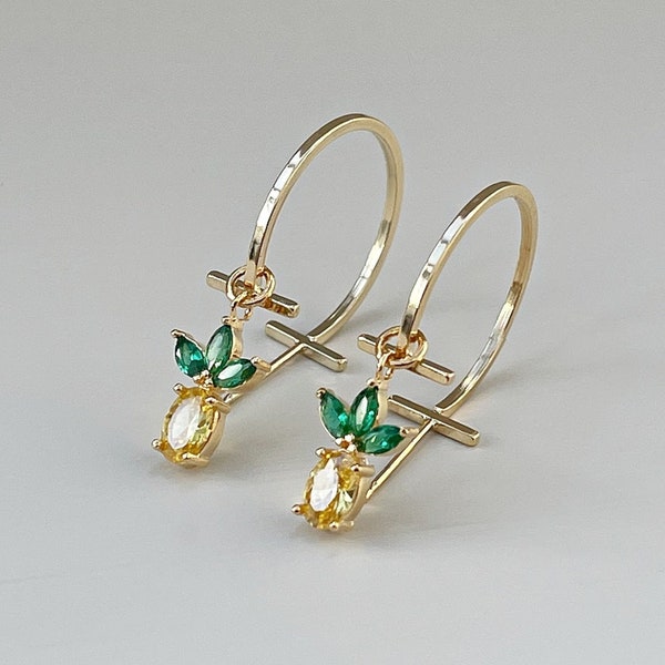 Crystal Pineapple Hoop Earrings- Large Hoop Earrings, Statement Earrings for Her, Gold Hoop Earrings, Hoop Earrings for Her, Summer Jewelry