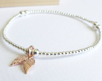 Sterling Silver Rose Gold Angel Wing Beaded Bracelet