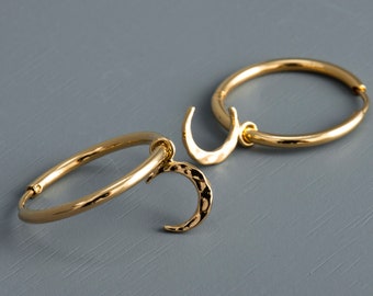 Crescent Moon Drop Hoop Earrings - Large Hoop Earrings, Statement Earrings for Her, Gold Hoop Earrings with Moon, Hoop Earrings for Her