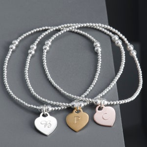 Sterling Silver Personalised Heart Charm Bracelet - Initial Love Heart Bracelet, Personalized Gift, Custom Silver Bead Bracelet, Heart