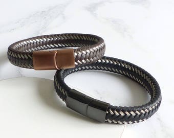 Mens Woven Leather Steel Bracelet - Anniversary Gifts For Men, Leather Anniversary, Mens Bracelet, Gift For Men, Leather Bracelet, Steel