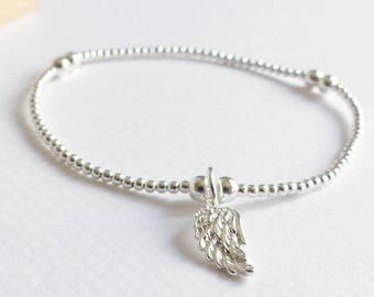 Sterling Silver Angel Wing Bracelet – Beaded Guardian Charm