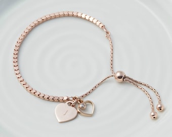 Personalized Rose Gold Cube Link Slider Bracelet -  Rose Gold Heart Bracelet, Gift for Her, Friendship Heart Bracelet, Mothers day Gift