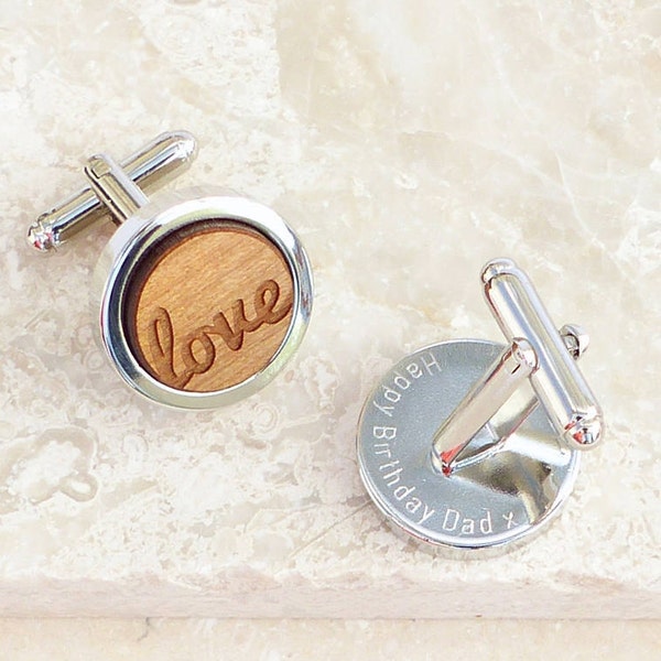 Personalised Wooden Love Cufflinks - Father of the Bride Cufflinks, Wedding Party Favor,Wooden Wedding Cufflinks,Grooms Gift,5th Anniversary