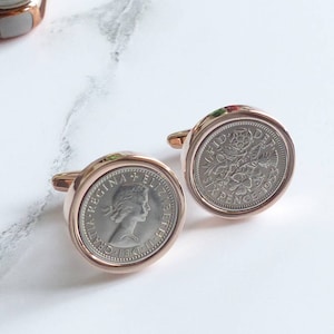 Rose Gold Lucky Sixpence Coin Cufflinks - Groom Cufflinks, Wedding Cufflinks, Gift for Him, Birthday Cufflinks, Gift for Dad,