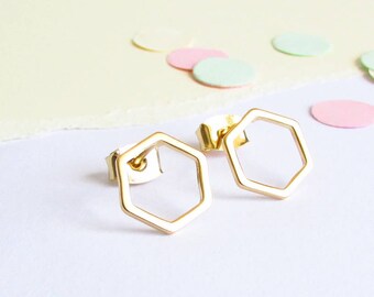 Hexagon Gold Stud Earrings - Geometric Earrings - Small Studs - Gold Studs - Minimalist Earrings - Simple, Every Day Earrings, Hexagon