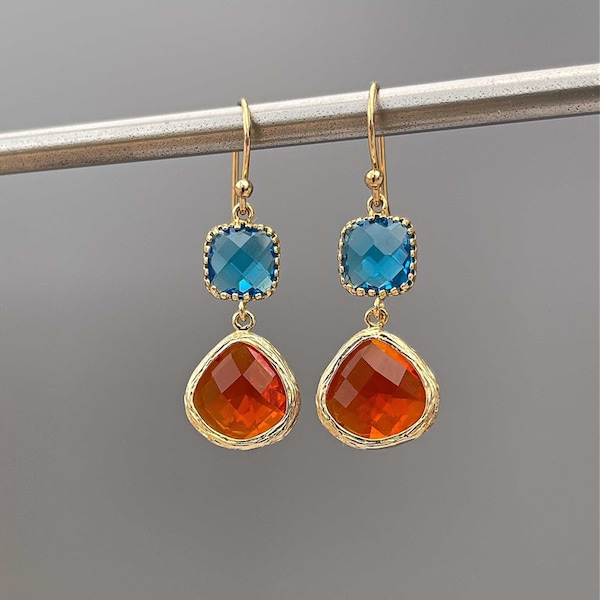 Orange And Capri Blue Earrings - Gold Plated Teardrop Dangle Earring, Wedding Jewellery, Bridesmaid Earrings, Gift For Her, Summer Jewellery