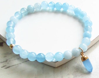 Azure Aqua Jade Gemstone Bracelet - Semi Precious Bracelet, Beaded Bracelet, Stacking Bracelet, Blue Chalcedony Charm, Summer Jewellery