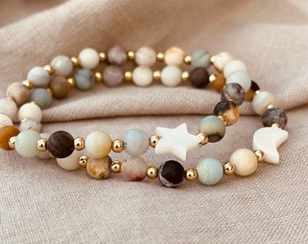 Moon And Stars Amazonite Bracelet - Gemstone Beaded Bracelet, Stretch Bracelet, Stacking Bracelet, Celestial Gift for Her, Summer Jewellery