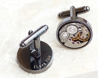 Personalised Gunmetal Vintage Watch Movement Steampunk Cufflinks - Gift for Men, Wedding Cufflinks, Groom Cufflinks, Groomsman Cufflinks