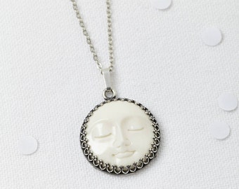 Moonphase Carved Horn Silver Necklace -  Moon Goddess, Carved Face, Moon Face Pendant