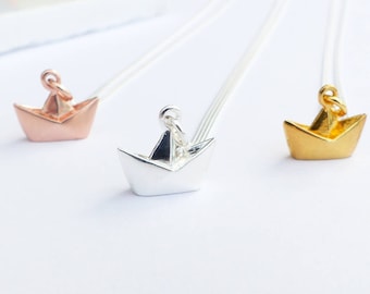 Sterling Silver Origami Boat Necklace - Cute Origami Boat, Sterling Silver Boat Charm Necklace , Origami Boat Pendant, Origami Necklace