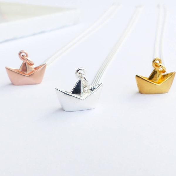 Collier de bateau Origami en argent sterling - bateau Origami mignon, collier de charme de bateau en argent Sterling, pendentif bateau Origami, collier Origami