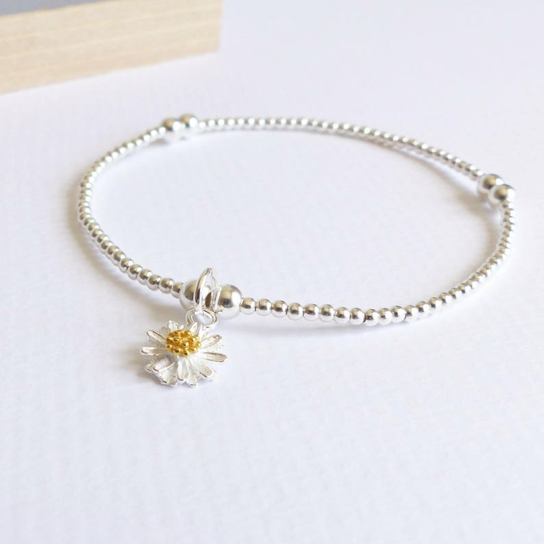 Sterling Silver Daisy Beaded Bracelet Flower Charm Stretch Etsy