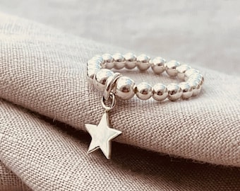 Sterling Silver Star Charm Ring - Gift for Her, Beaded Stacking Ring, Celestial jewellery, Silver Stretch Ring, Gifts for Girlfriends