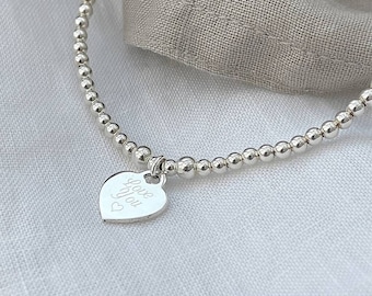 Silver Love You Heart Bracelet -  Stretch Bracelet ∙ Stacking Bracelet ∙ Silver Bead Bracelet ∙ Love Heart ∙ Layering Jewellery