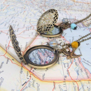 Personalized World Map Locket Necklace – Brass Filigree, Turquoise Bead