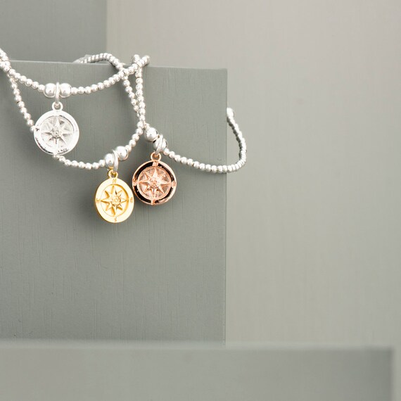 Sterling Silver Compass Talisman Charm Beaded Bracelet Beaded