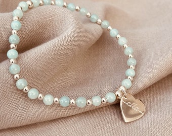 Personalised Sterling Silver And Amazonite Bracelet - Silver Heart Bracelet, Birthday Gift for Her, Mothers day Gift. Semi Precious Bracelet