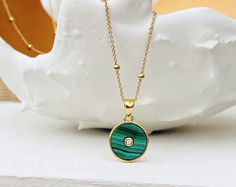 Malachite Amulet Necklace - Semi Precious Necklace ∙ Dainty Jewellery ∙ Cubic Zirconia ∙ Gift Fo Her ∙ Satellite Chain