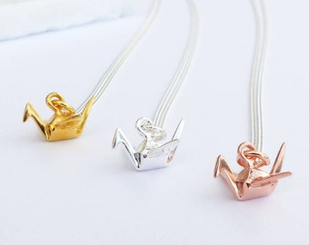 Sterling Silver Origami Crane Necklace - Cute Origami Crane, Sterling Silver Crane Charm Necklace , Origami Bird Pendant, Origami Necklace