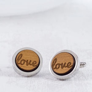 Personalised Wooden Love Cufflinks Father of the Bride Cufflinks, Wedding Party Favor,Wooden Wedding Cufflinks,Grooms Gift,5th Anniversary image 3