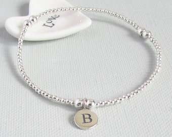 Personalized Sterling Silver Initial Charm Beaded Bracelet - Bridesmaid Bracelets, Bracelet, Letter Initial Charm Bracelet, Stretch Bracelet