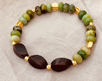 Chrysoprase And Ebony Bracelet - Gemstone Beaded Bracelet, Stretch Gemstone Bracelet, Natural Chrysoprase bracelet, Gift For Woman