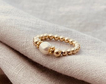 Gold Freshwater Pearl Ring - Gift for Her, June Birthday, Beaded Stacking Ring, Summer jewellery, Gold Stretch Ring, Goldfill Beaded Ring