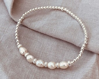 Sterling Silver Freshwater Pearl Bracelet - Gift for Her, June Birthday, Stacking Bracelet, Summer jewellery,  Bracelet Stacks