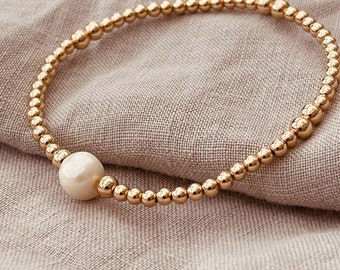 18ct Gold Plated Bead And Freshwater Pearl Bracelet - Gift for Her, June Birthday, Stacking Bracelet, Summer jewellery, Flower Bracelet