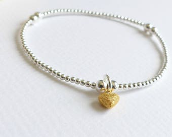 Sterling Silver Tiny Gold Frosted Heart Beaded Bracelet -Heart Charm Bracelet, Sterling Silver Bracelet, Layering Bracelet, Gift for Her