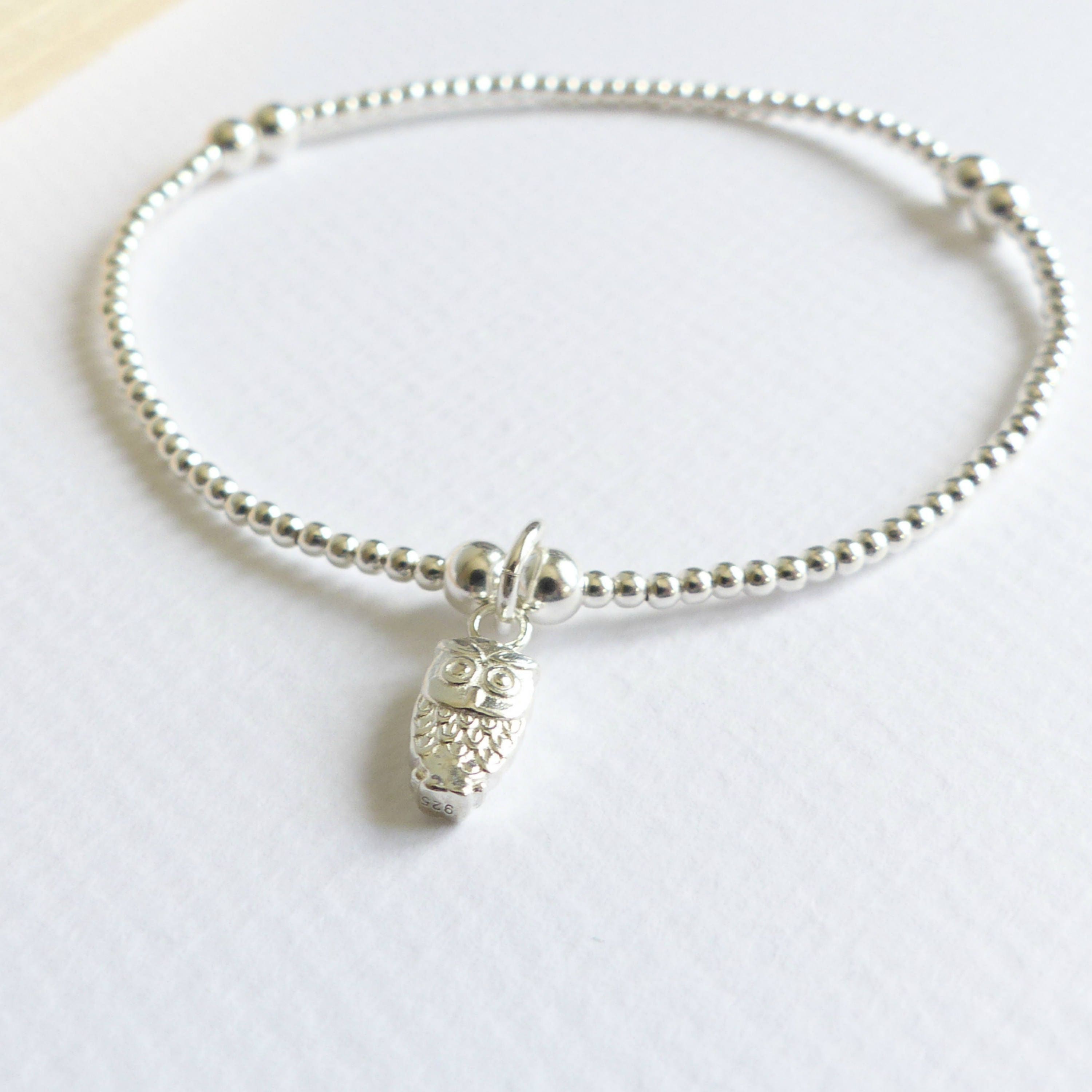 Sterling Silver Beaded Owl Bracelet &ndash; Dainty Charm, Stacking Jewelry