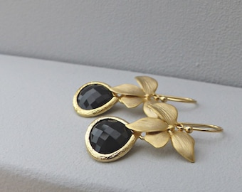 Black Orchid Drop Earrings - Jet Black Glass Dangle Earrings, Black Drop Earrings, Gold Orchid Earrings, Black and Gold Wedding Jewelry