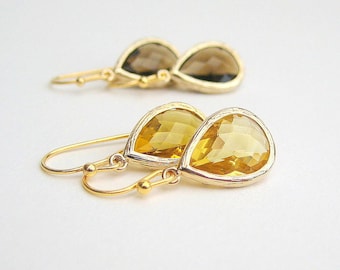 Gold Framed Faceted Teardrop Earrings - Topaz & Smokey Quartz