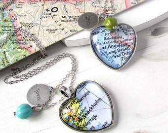 Personalized Location Map Heart Necklace - World Map Necklace, Personalised Heart, Custom Map Necklace, Traveller Pendant, Travel Necklace