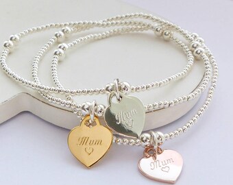 Sterling Silver Mum Heart Charm Beaded Bracelet - Personalised Gift, Gift for Her, Layering Bracelet, Gift for Mum, Beaded Bracelet