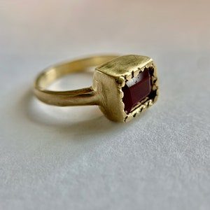 May include: A gold-colored ring with a rectangular, dark red gemstone. The ring has a textured band and a decorative, scalloped setting around the stone. The ring is shown in a close-up shot.