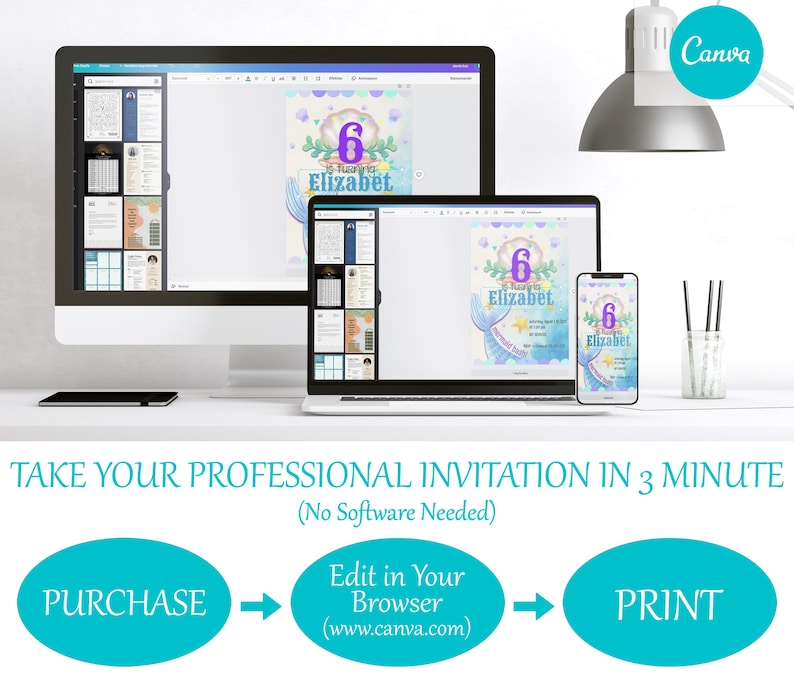Peut inclure: Un ordinateur de bureau, un ordinateur portable et un smartphone affichent un mod&egrave;le de faire-part d'anniversaire sur le th&egrave;me de la sir&egrave;ne. L'invitation pr&eacute;sente le chiffre 6, le nom "Elizabet" et le logo Canva. Le texte en dessous indique "Cr&eacute;ez votre invitation professionnelle en 3 minutes".