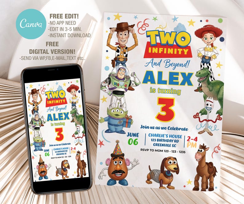 Peut inclure: Une invitation d'anniversaire avec des personnages du film "Toy Story". Le design comprend le texte "Two Infinity and Beyond!" et "Alex a 3 ans". Un smartphone affiche le m&ecirc;me design. L'invitation comprend &eacute;galement le texte "Free Edit!" et "Digital Version!"