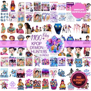 Puede incluir: Un conjunto de archivos de arte digital con ilustraciones y gráficos temáticos de K-pop. El paquete incluye varios diseños de personajes, logotipos y elementos de texto, con un diseño central que dice "KPOP DEMON HUNTERS BUNDLE". La paleta de colores incluye rosa, morado y azul.