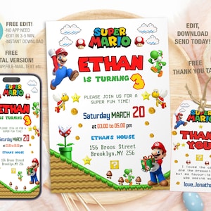 Modelo editável de convite de aniversário do Super Mario, convites para festa de aniversário para impressão, convite digital para festa infantil, cartão para meninos e meninas